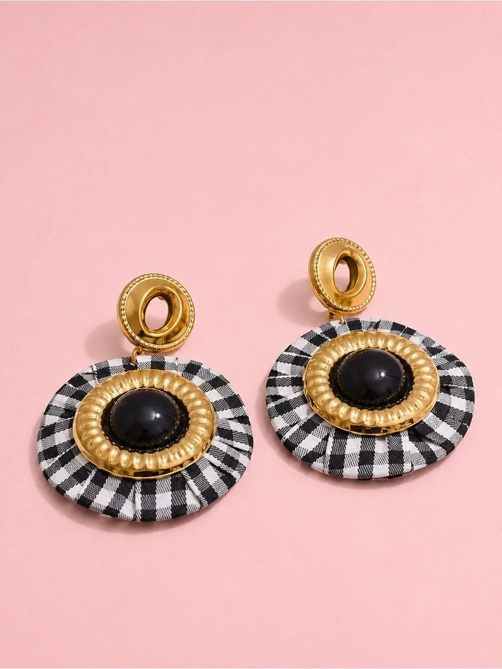 Parisian Chic Gingham Black Gold Earrings